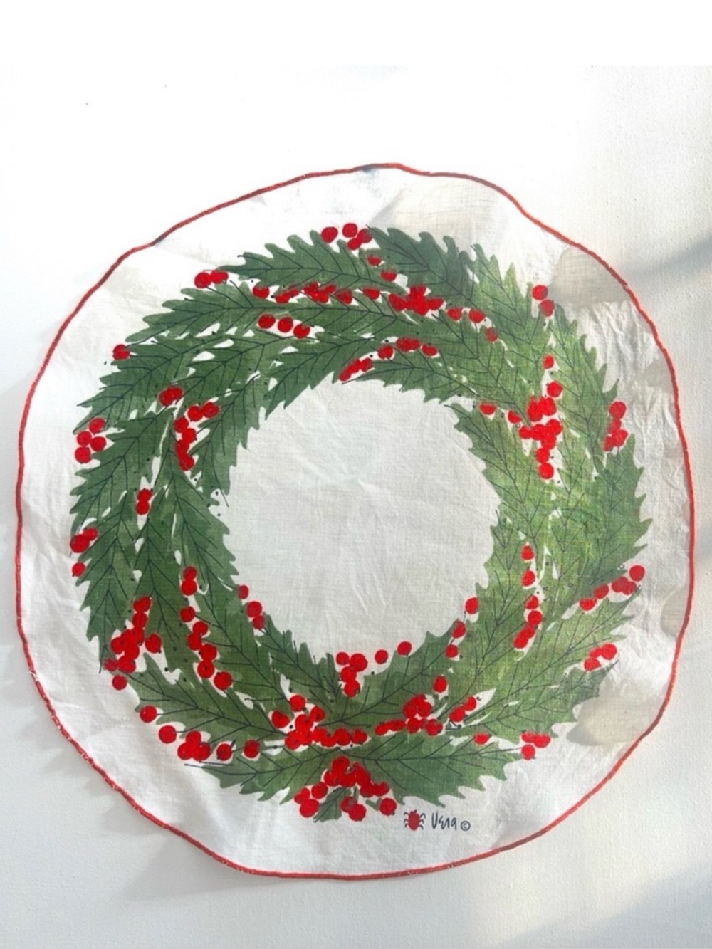 Vintage Vera Neumann Holly Wreath Christmas Linen Decor